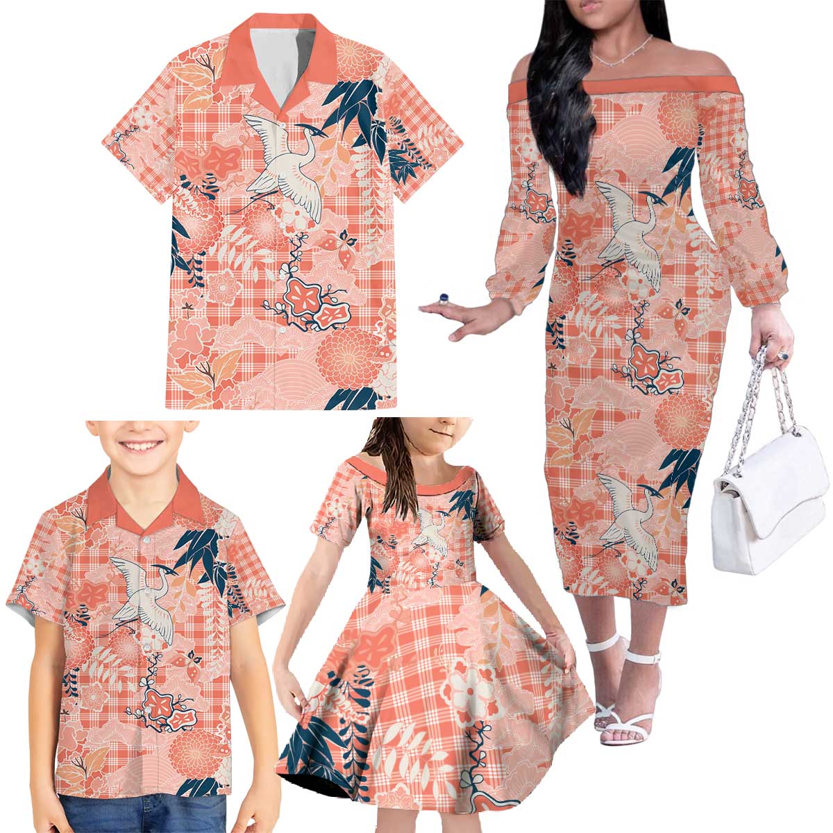 Red Palaka Crane and Flowers Family Matching Off The Shoulder Long Sleeve Dress and Hawaiian Shirt Japan Heritage Spirit LT9 - Polynesian Pride