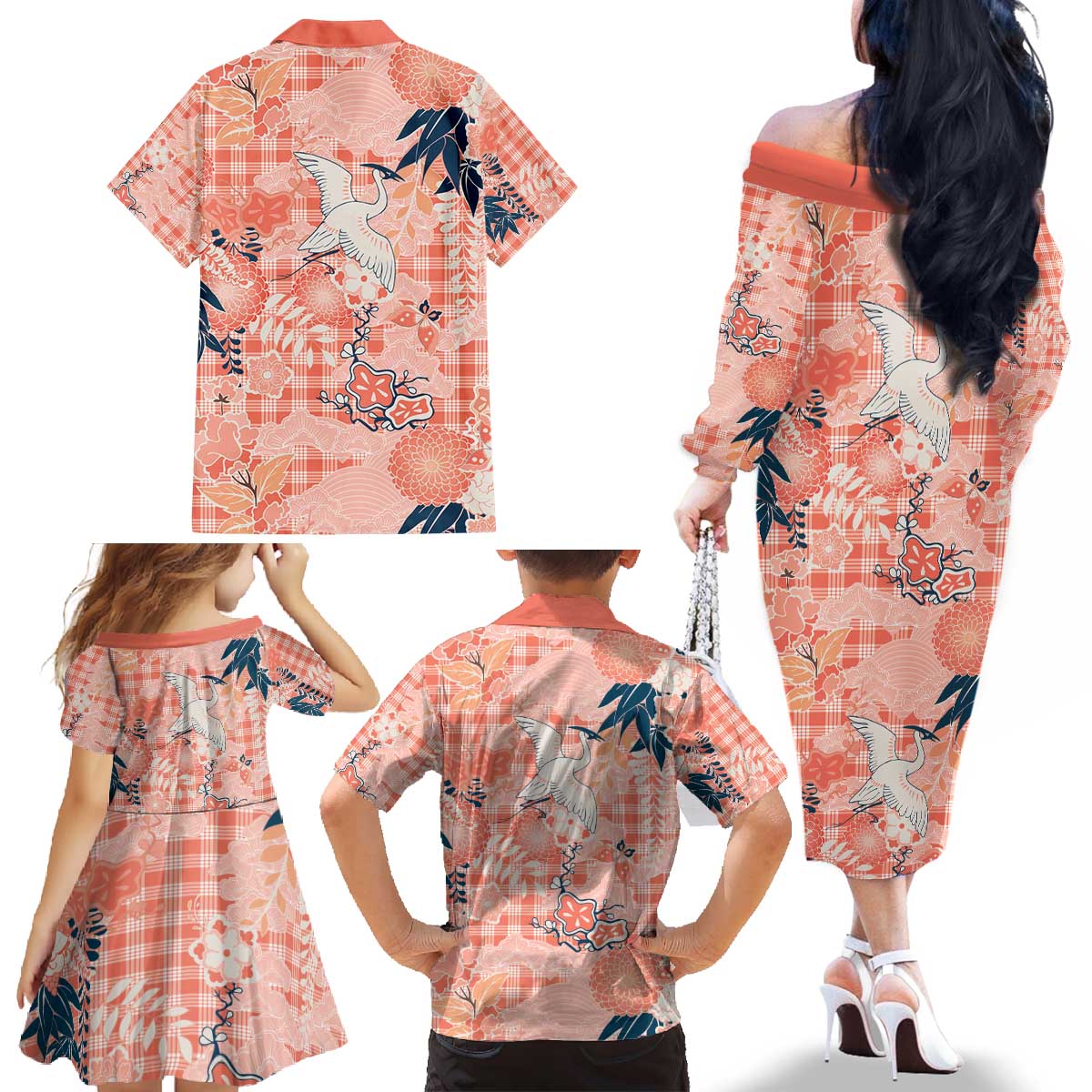 Red Palaka Crane and Flowers Family Matching Off The Shoulder Long Sleeve Dress and Hawaiian Shirt Japan Heritage Spirit LT9 - Polynesian Pride
