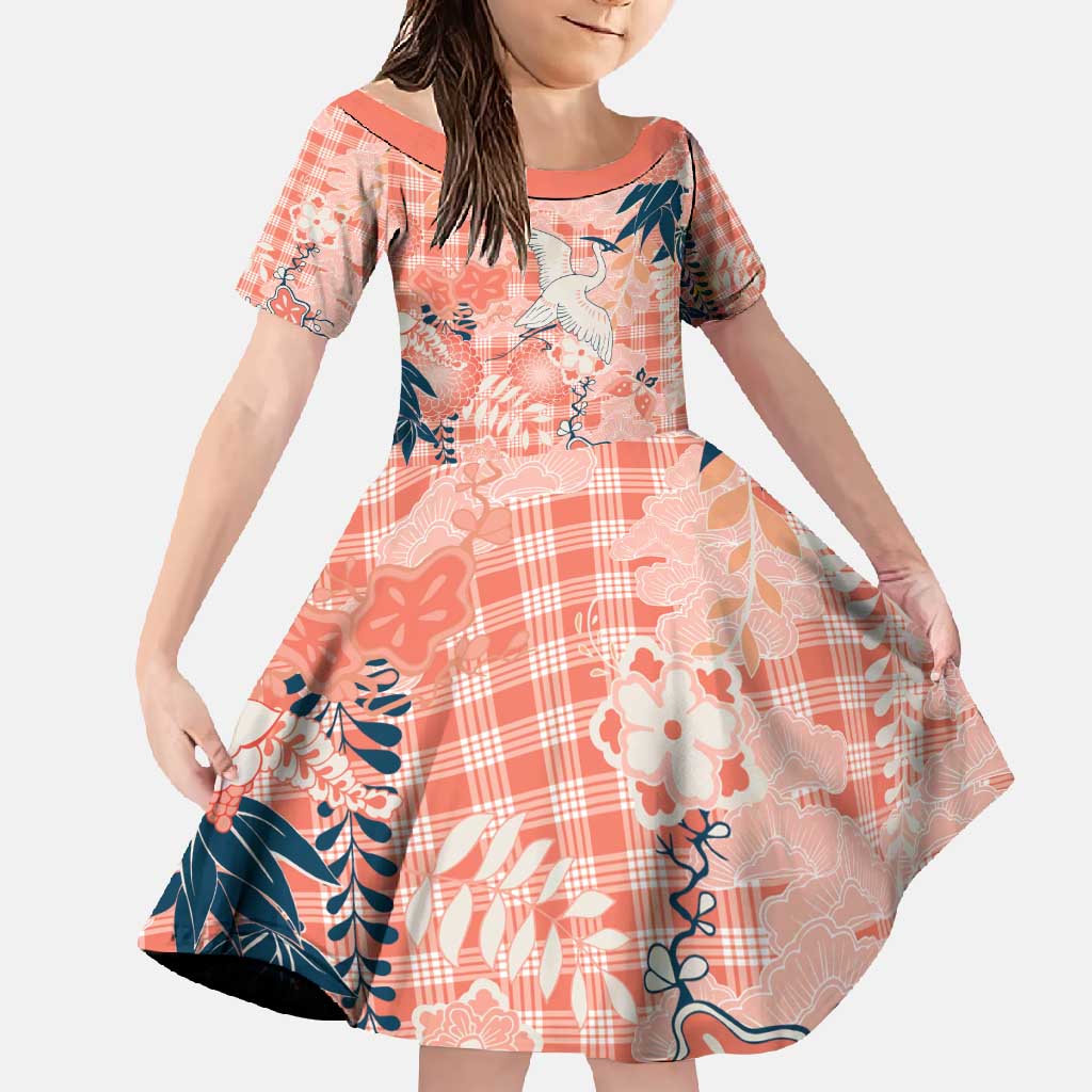 Red Palaka Crane and Flowers Family Matching Off Shoulder Maxi Dress and Hawaiian Shirt Japan Heritage Spirit LT9 Daughter's Dress Red - Polynesian Pride