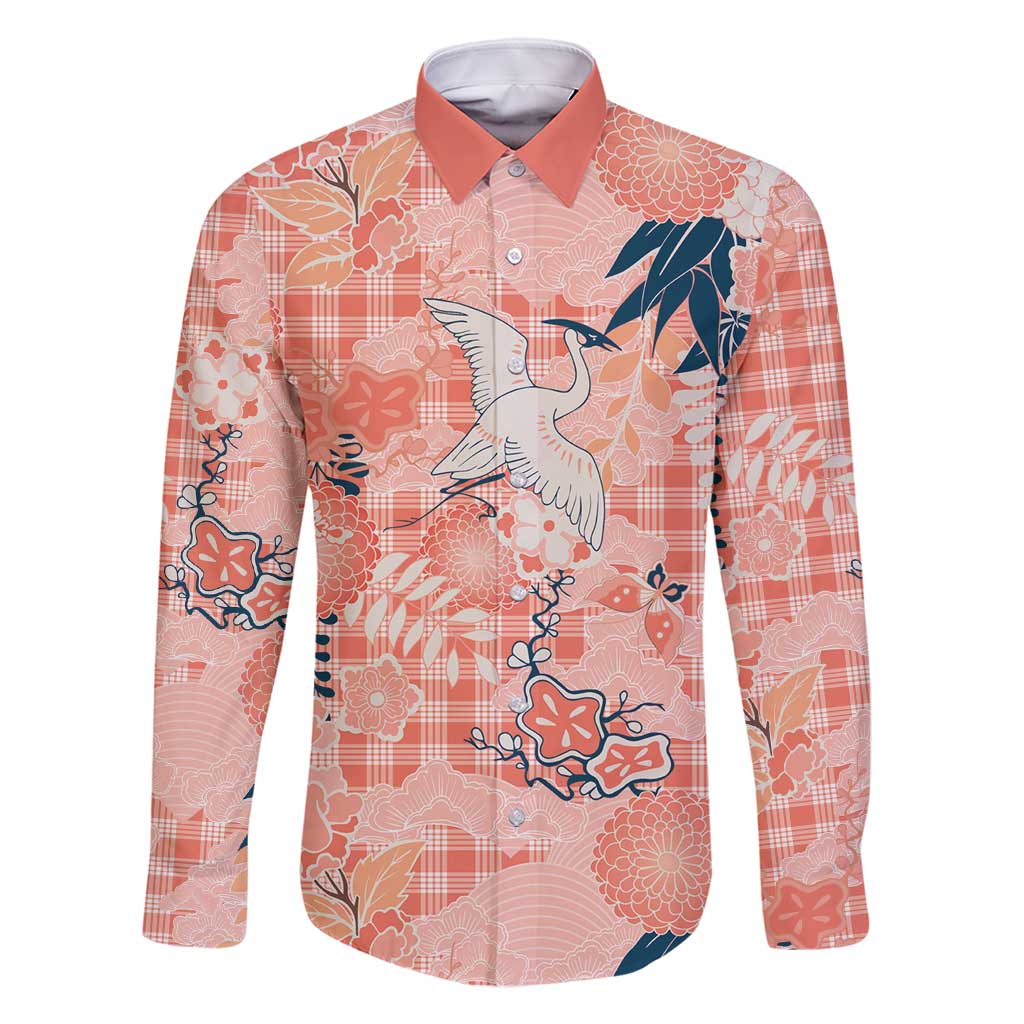 Red Palaka Crane and Flowers Family Matching Off Shoulder Maxi Dress and Hawaiian Shirt Japan Heritage Spirit LT9 Dad's Shirt - Long Sleeve Red - Polynesian Pride