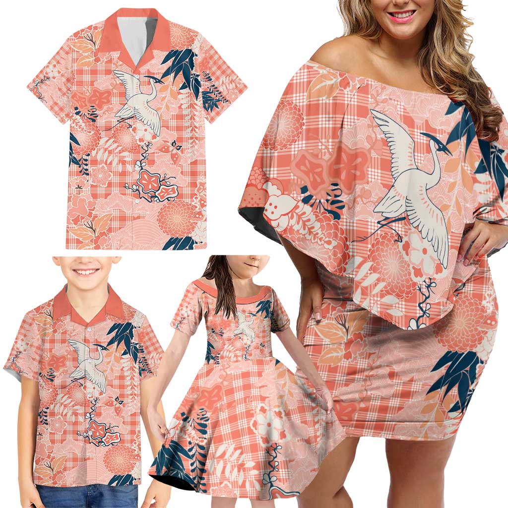 Red Palaka Crane and Flowers Family Matching Off Shoulder Short Dress and Hawaiian Shirt Japan Heritage Spirit LT9 - Polynesian Pride