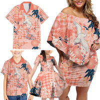Red Palaka Crane and Flowers Family Matching Off Shoulder Short Dress and Hawaiian Shirt Japan Heritage Spirit LT9 - Polynesian Pride