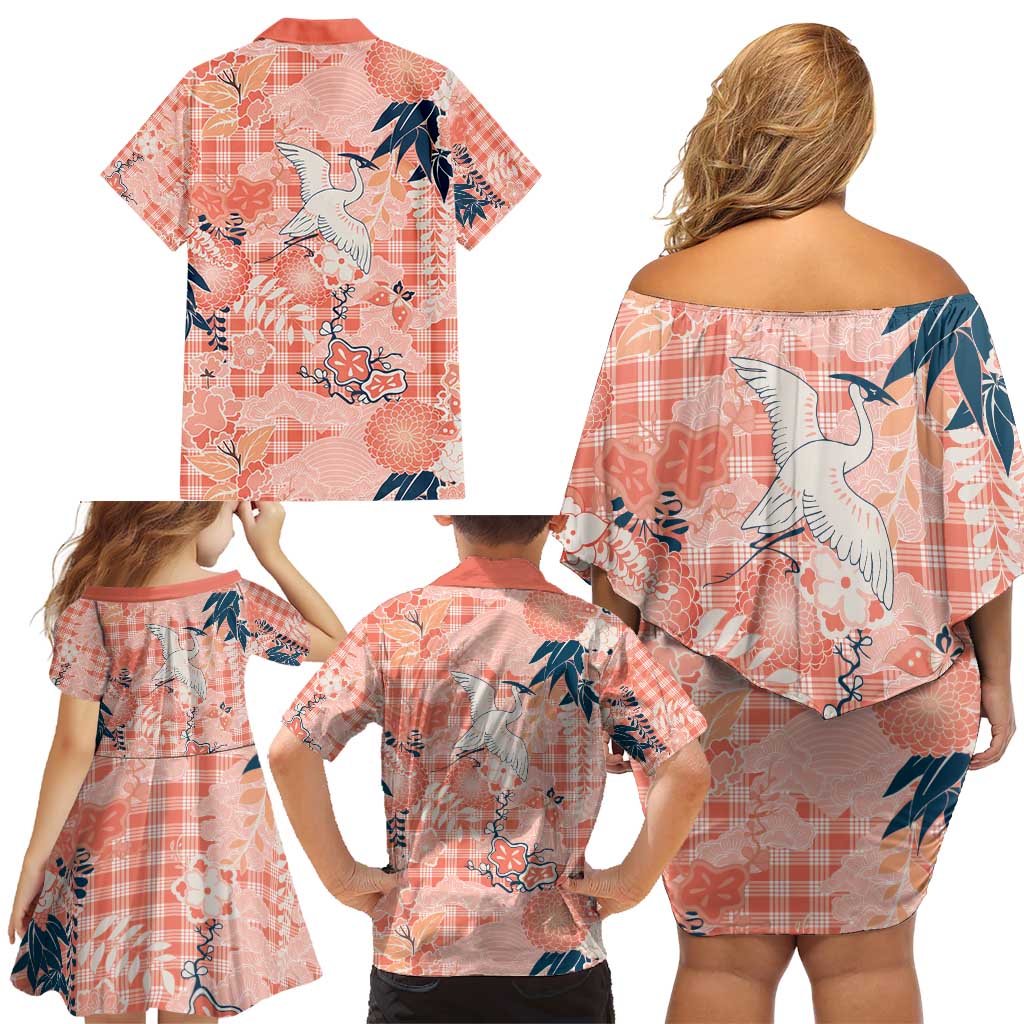 Red Palaka Crane and Flowers Family Matching Off Shoulder Short Dress and Hawaiian Shirt Japan Heritage Spirit LT9 - Polynesian Pride