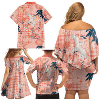 Red Palaka Crane and Flowers Family Matching Off Shoulder Short Dress and Hawaiian Shirt Japan Heritage Spirit LT9 - Polynesian Pride