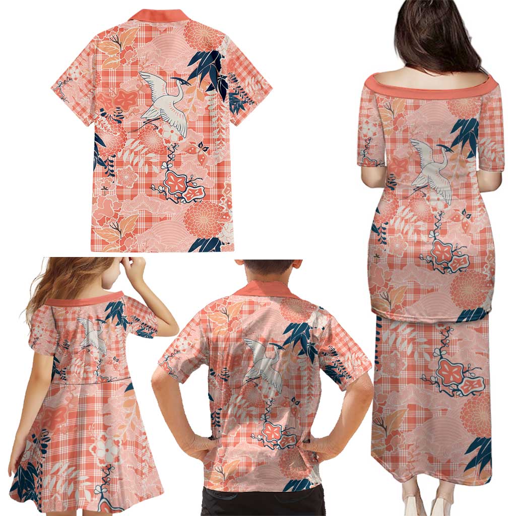 Red Palaka Crane and Flowers Family Matching Puletasi and Hawaiian Shirt Japan Heritage Spirit LT9 - Polynesian Pride