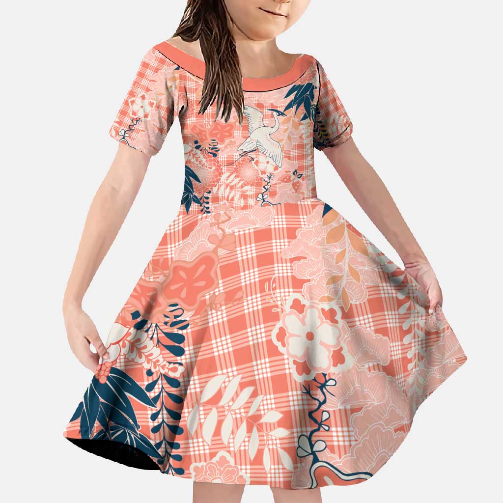 Red Palaka Crane and Flowers Family Matching Summer Maxi Dress and Hawaiian Shirt Japan Heritage Spirit LT9 Daughter's Dress Red - Polynesian Pride