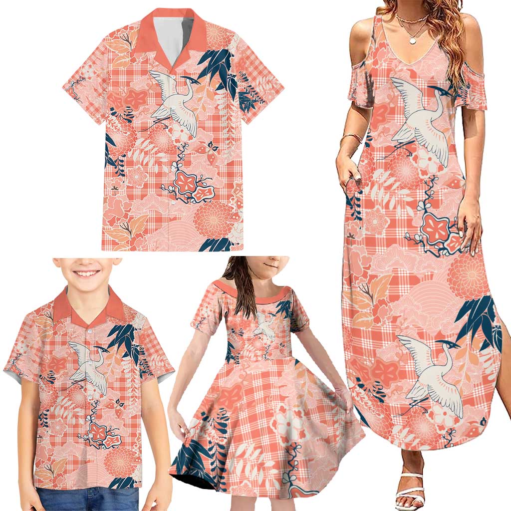 Red Palaka Crane and Flowers Family Matching Summer Maxi Dress and Hawaiian Shirt Japan Heritage Spirit LT9 - Polynesian Pride
