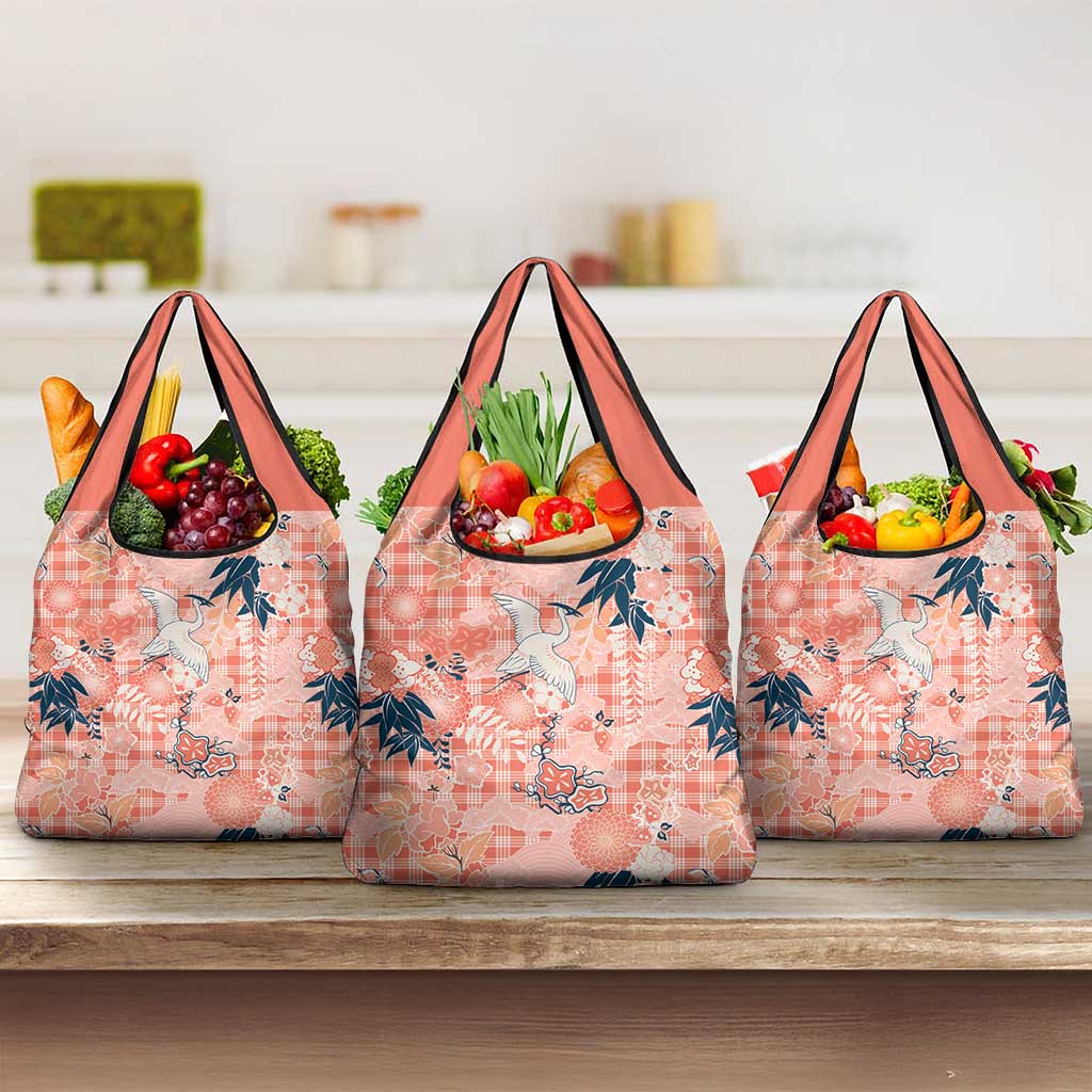 Red Palaka Crane and Flowers Grocery Bag Japan Heritage Spirit - Polynesian Pride