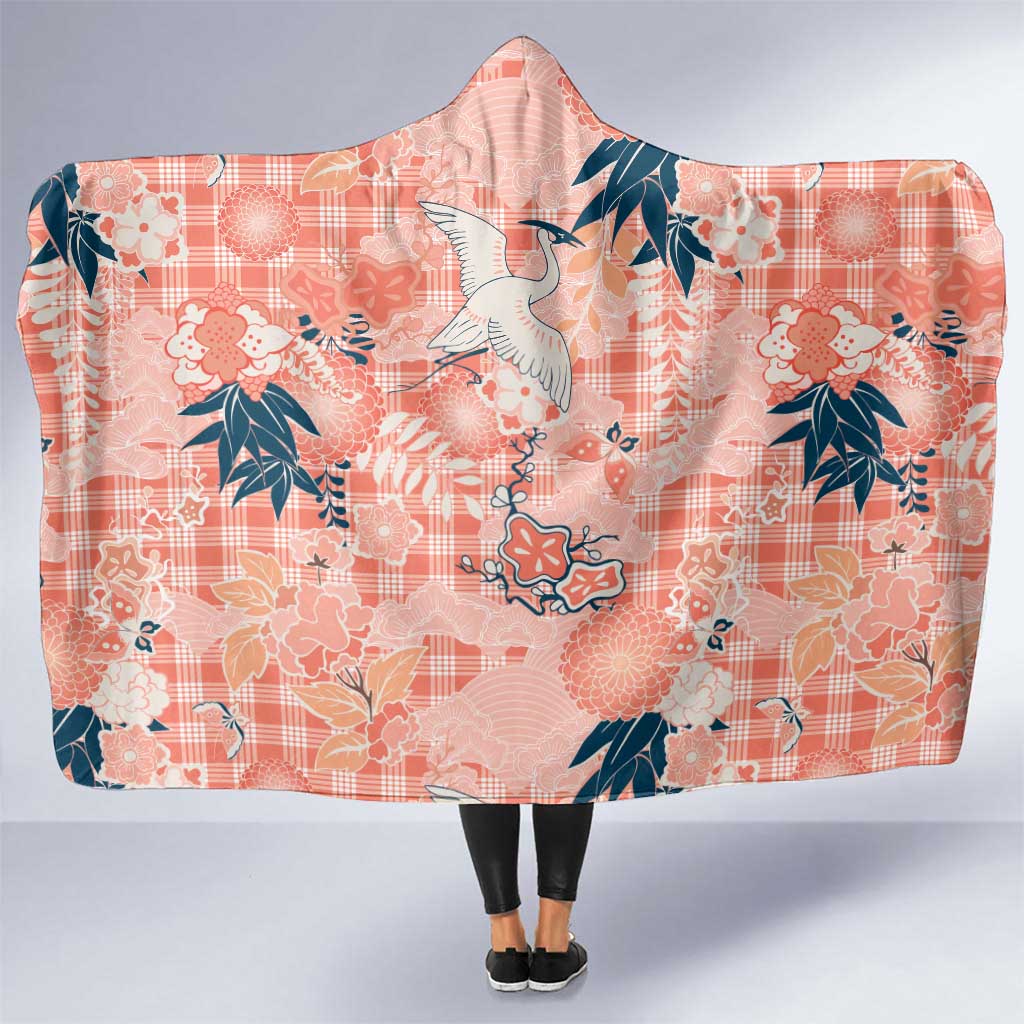 Red Palaka Crane and Flowers Hooded Blanket Japan Heritage Spirit LT9 One Size Red - Polynesian Pride