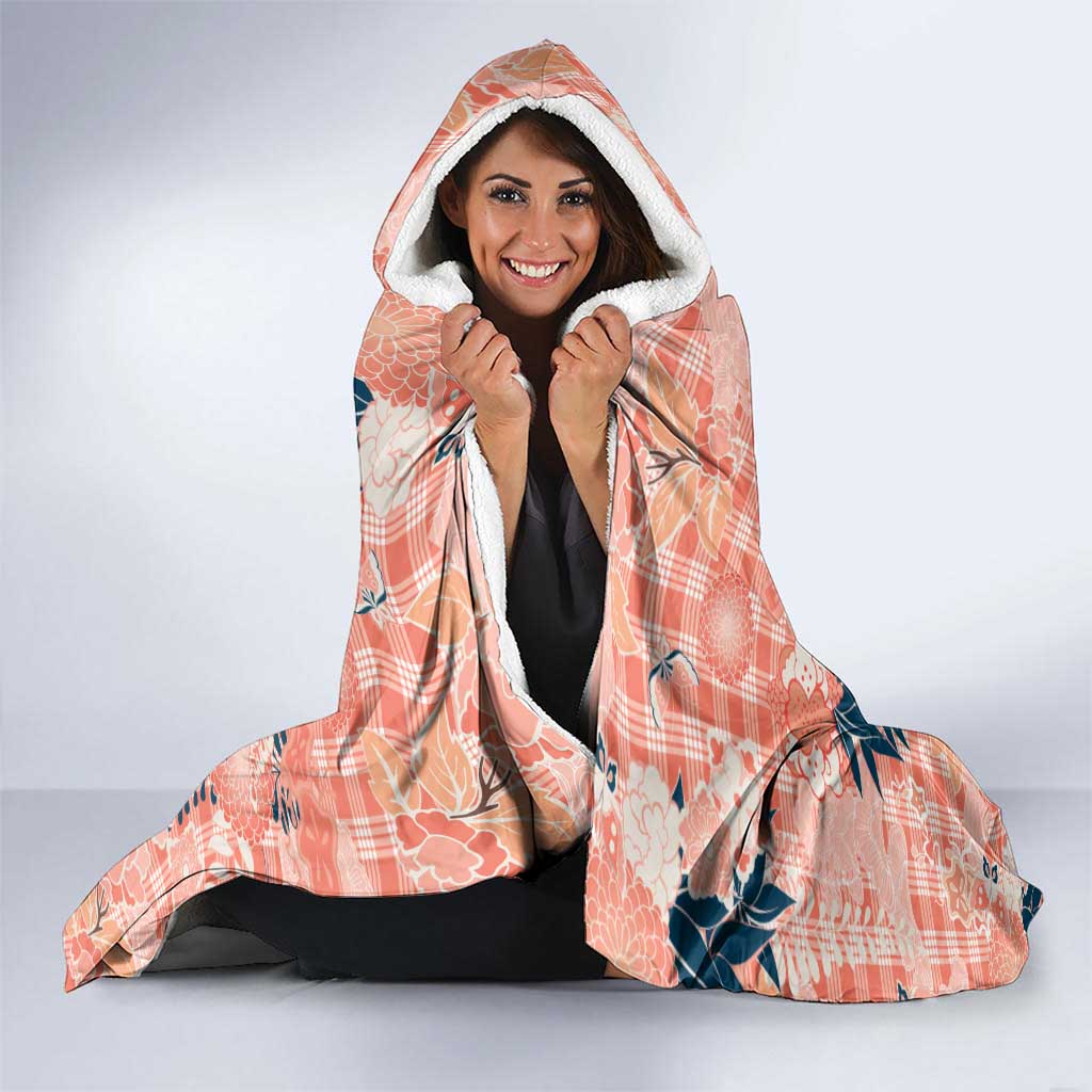 Red Palaka Crane and Flowers Hooded Blanket Japan Heritage Spirit - Polynesian Pride