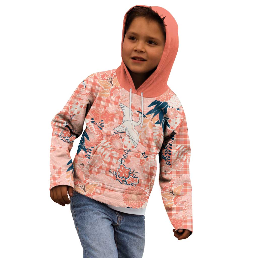 Red Palaka Crane and Flowers Kid Hoodie Japan Heritage Spirit - Polynesian Pride