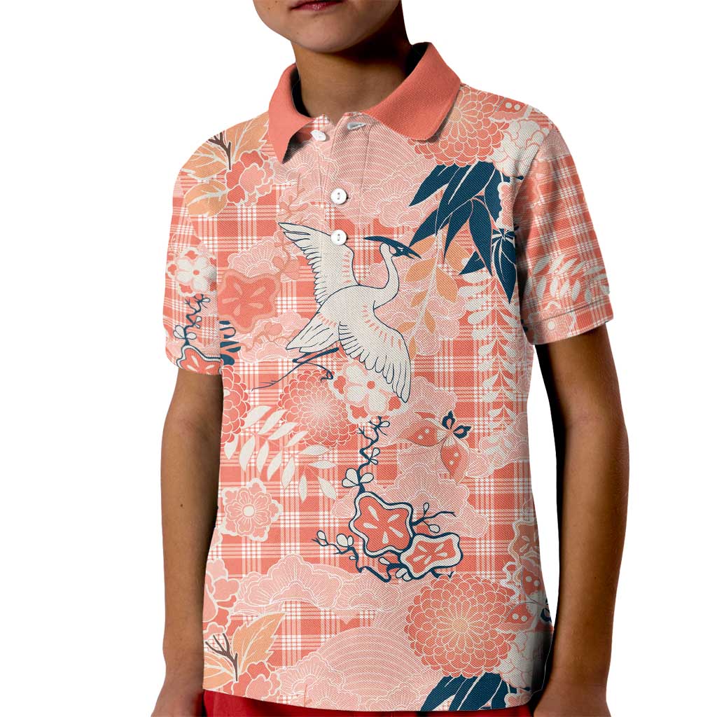 Red Palaka Crane and Flowers Kid Polo Shirt Japan Heritage Spirit - Polynesian Pride