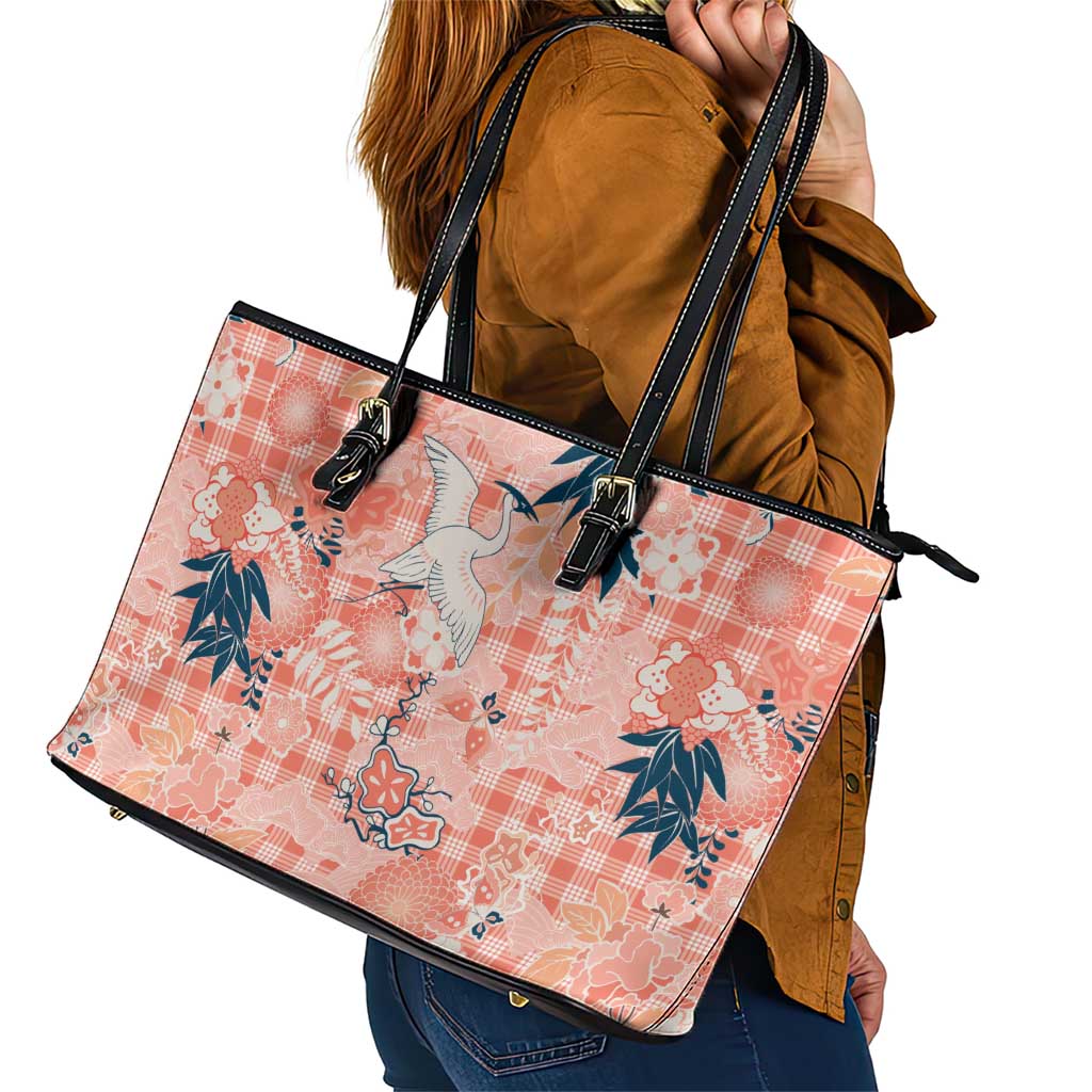 Red Palaka Crane and Flowers Leather Tote Bag Japan Heritage Spirit - Polynesian Pride