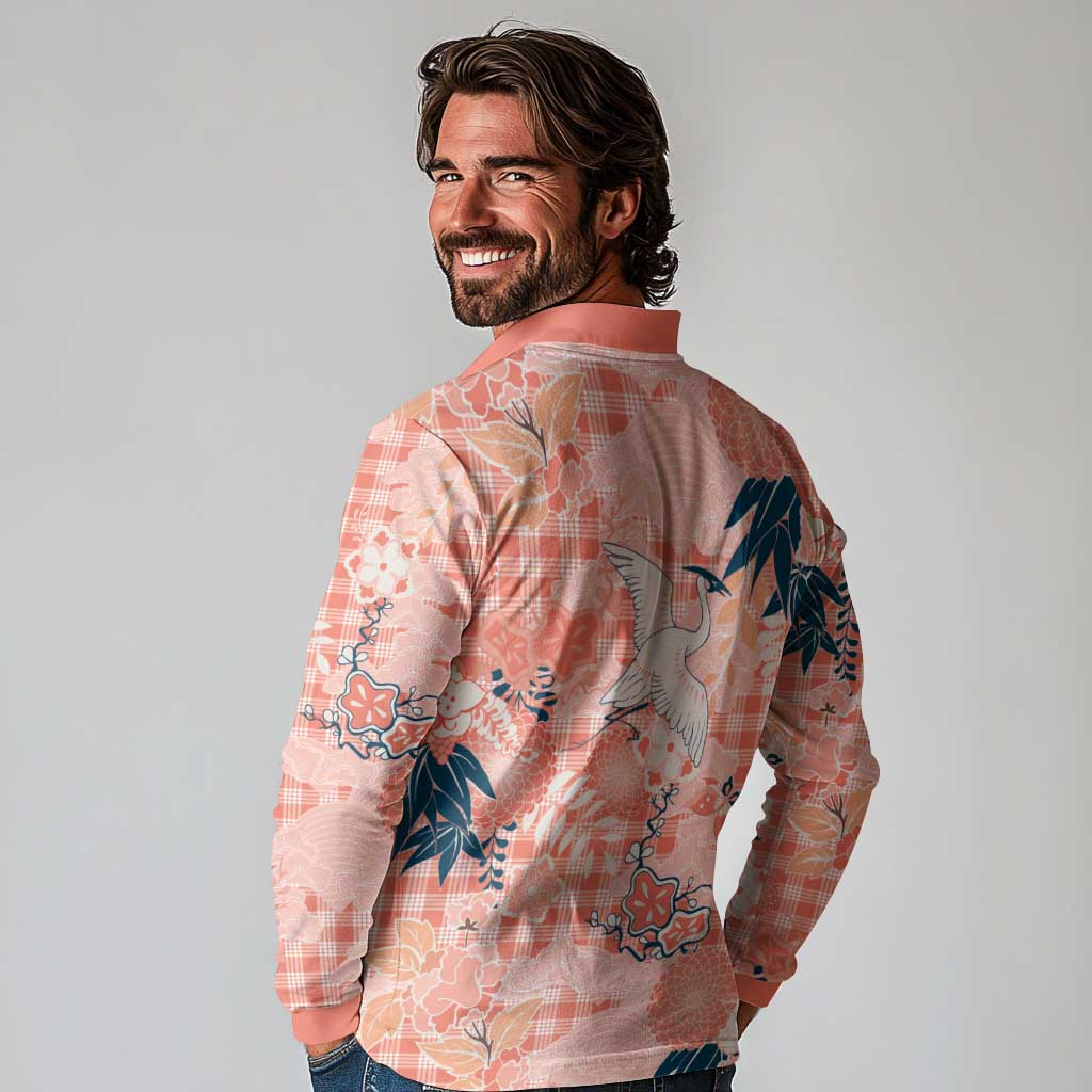 Red Palaka Crane and Flowers Long Sleeve Polo Shirt Japan Heritage Spirit - Polynesian Pride
