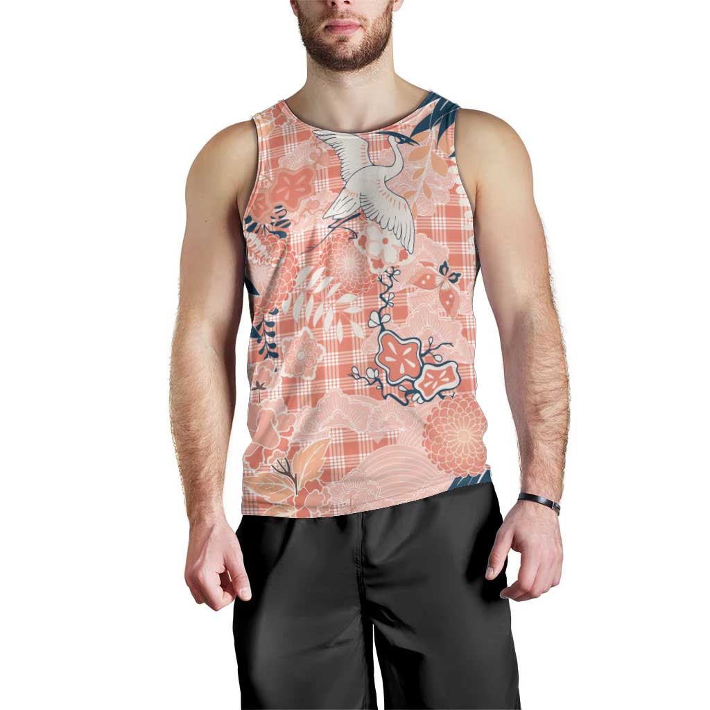 Red Palaka Crane and Flowers Men Tank Top Japan Heritage Spirit - Polynesian Pride