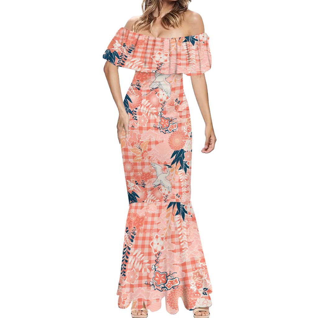 Red Palaka Crane and Flowers Mermaid Dress Japan Heritage Spirit - Polynesian Pride