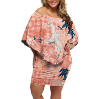 Red Palaka Crane and Flowers Off Shoulder Short Dress Japan Heritage Spirit - Polynesian Pride