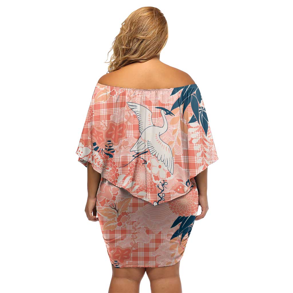Red Palaka Crane and Flowers Off Shoulder Short Dress Japan Heritage Spirit - Polynesian Pride