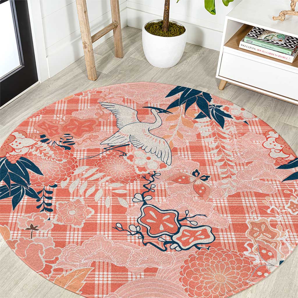 Red Palaka Crane and Flowers Round Carpet Japan Heritage Spirit LT9 Red - Polynesian Pride