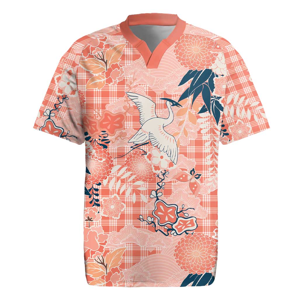 Red Palaka Crane and Flowers Rugby Jersey Japan Heritage Spirit LT9 Red - Polynesian Pride