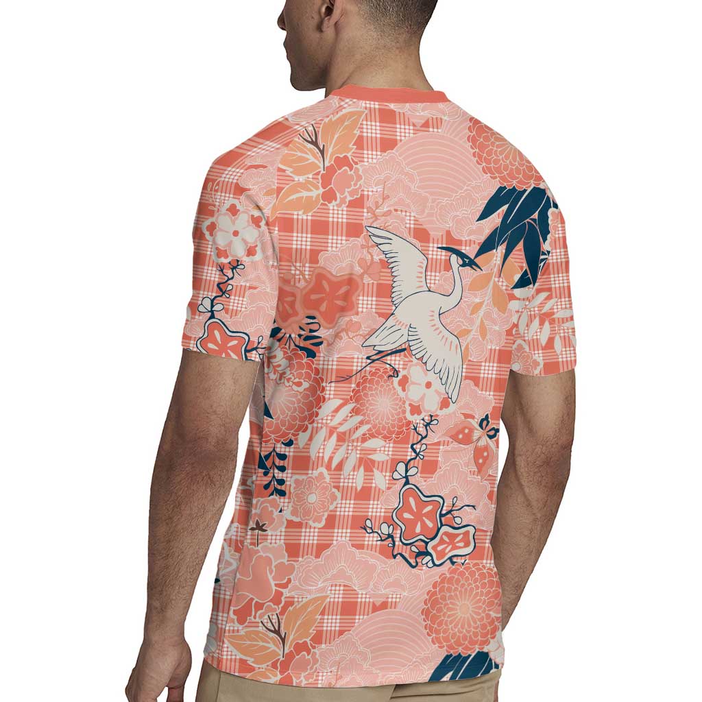 Red Palaka Crane and Flowers Rugby Jersey Japan Heritage Spirit - Polynesian Pride