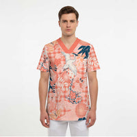 Red Palaka Crane and Flowers Scrub Top Japan Heritage Spirit - Polynesian Pride
