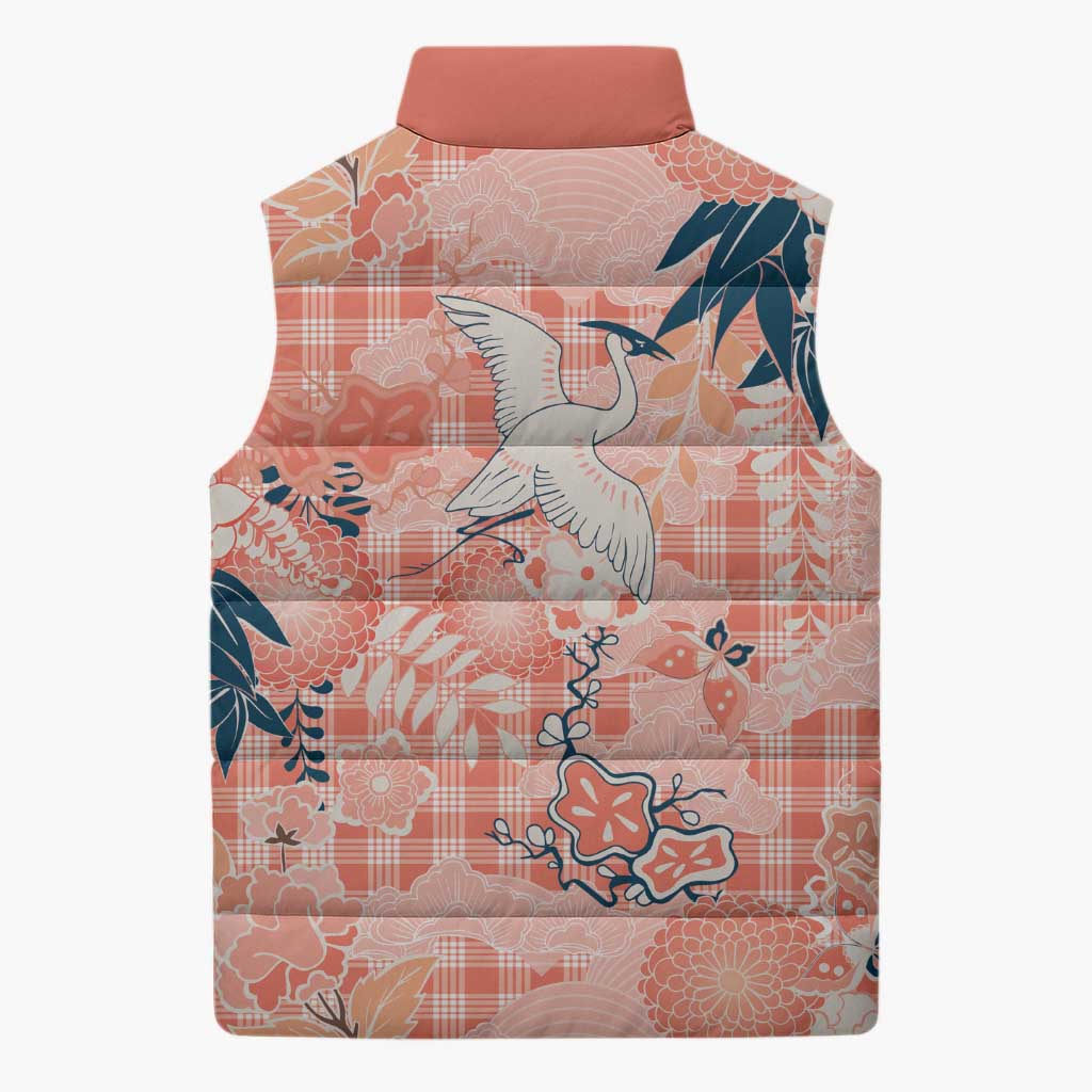 Red Palaka Crane and Flowers Sleeveless Puffer Jacket Japan Heritage Spirit - Polynesian Pride