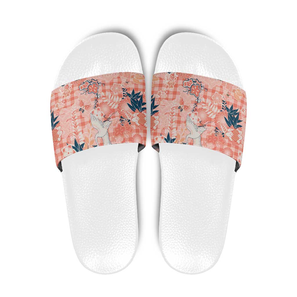 Red Palaka Crane and Flowers Slide Sandals Japan Heritage Spirit - Polynesian Pride