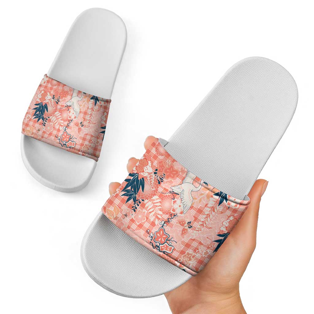 Red Palaka Crane and Flowers Slide Sandals Japan Heritage Spirit - Polynesian Pride