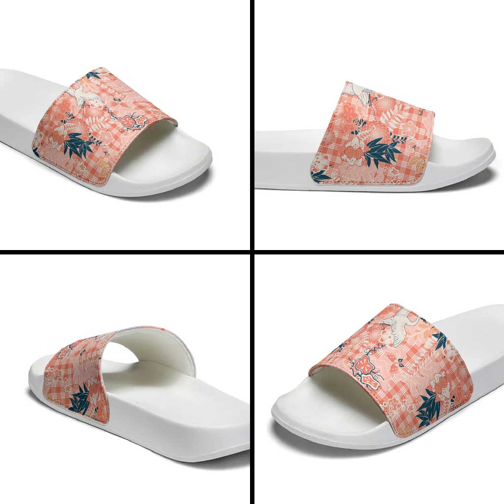 Red Palaka Crane and Flowers Slide Sandals Japan Heritage Spirit - Polynesian Pride