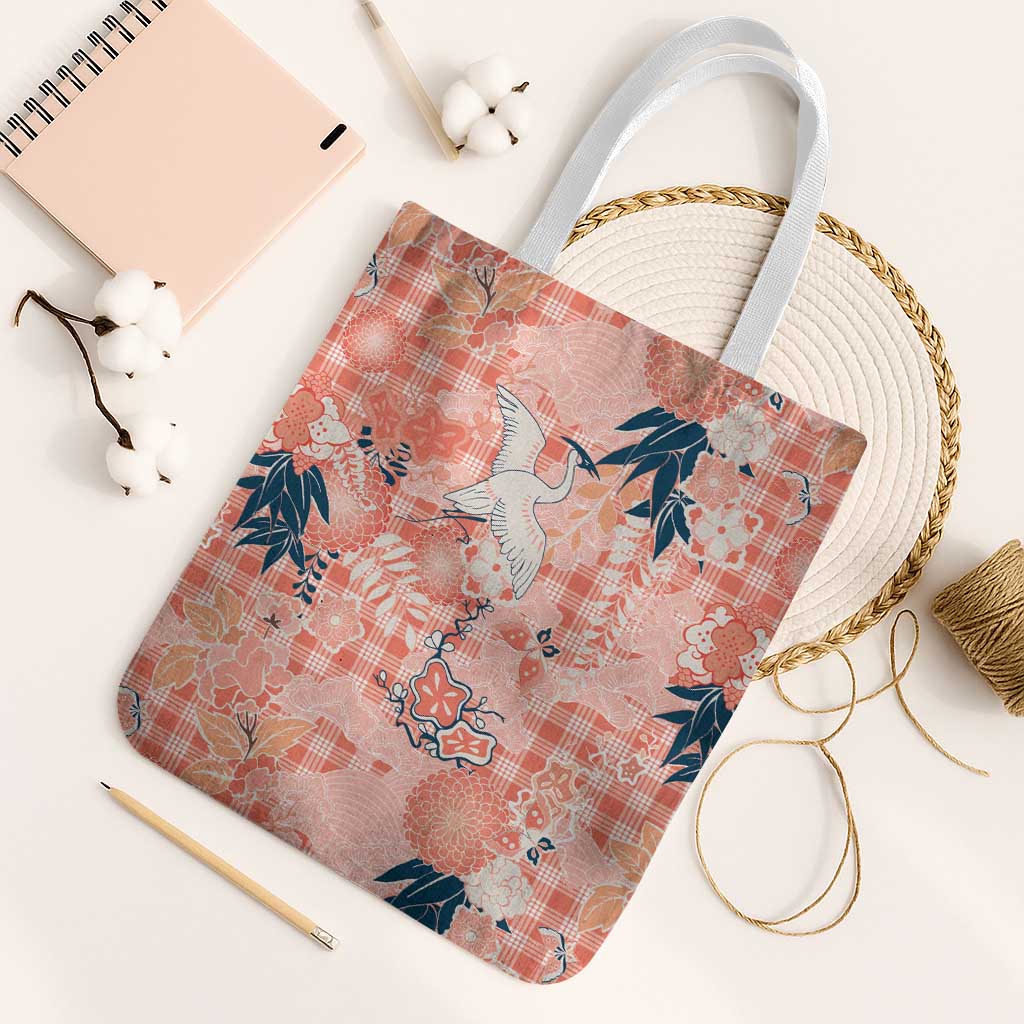 Red Palaka Crane and Flowers Tote Bag Japan Heritage Spirit - Polynesian Pride