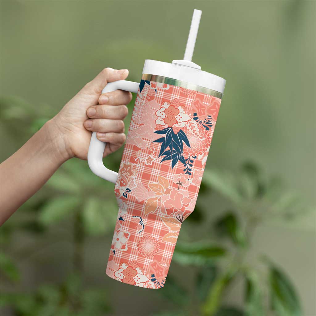 Red Palaka Crane and Flowers Tumbler With Handle Japan Heritage Spirit - Polynesian Pride