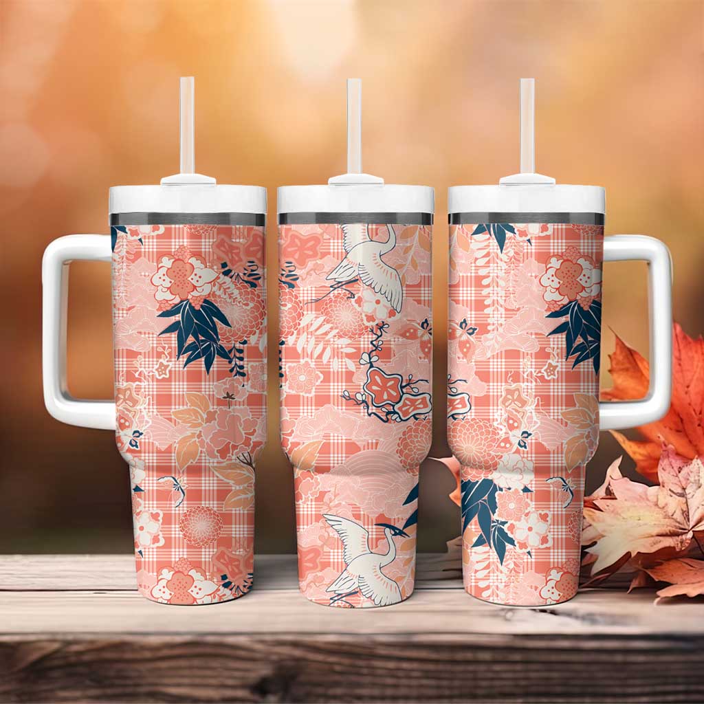 Red Palaka Crane and Flowers Tumbler With Handle Japan Heritage Spirit - Polynesian Pride