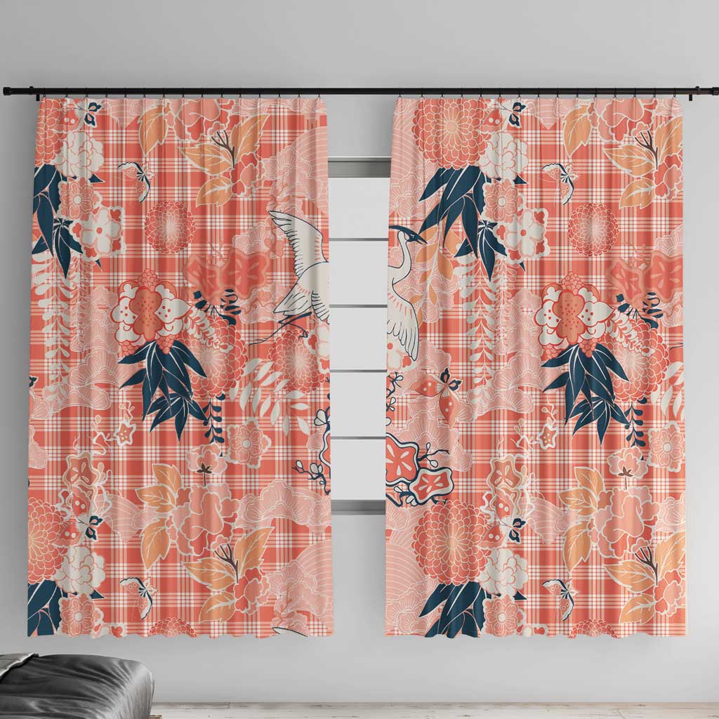 Red Palaka Crane and Flowers Window Curtain Japan Heritage Spirit LT9 With Hooks Red - Polynesian Pride