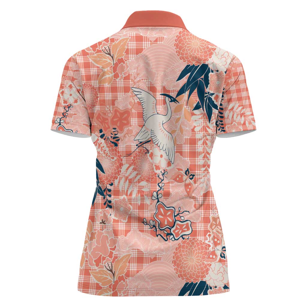 Red Palaka Crane and Flowers Women Polo Shirt Japan Heritage Spirit - Polynesian Pride