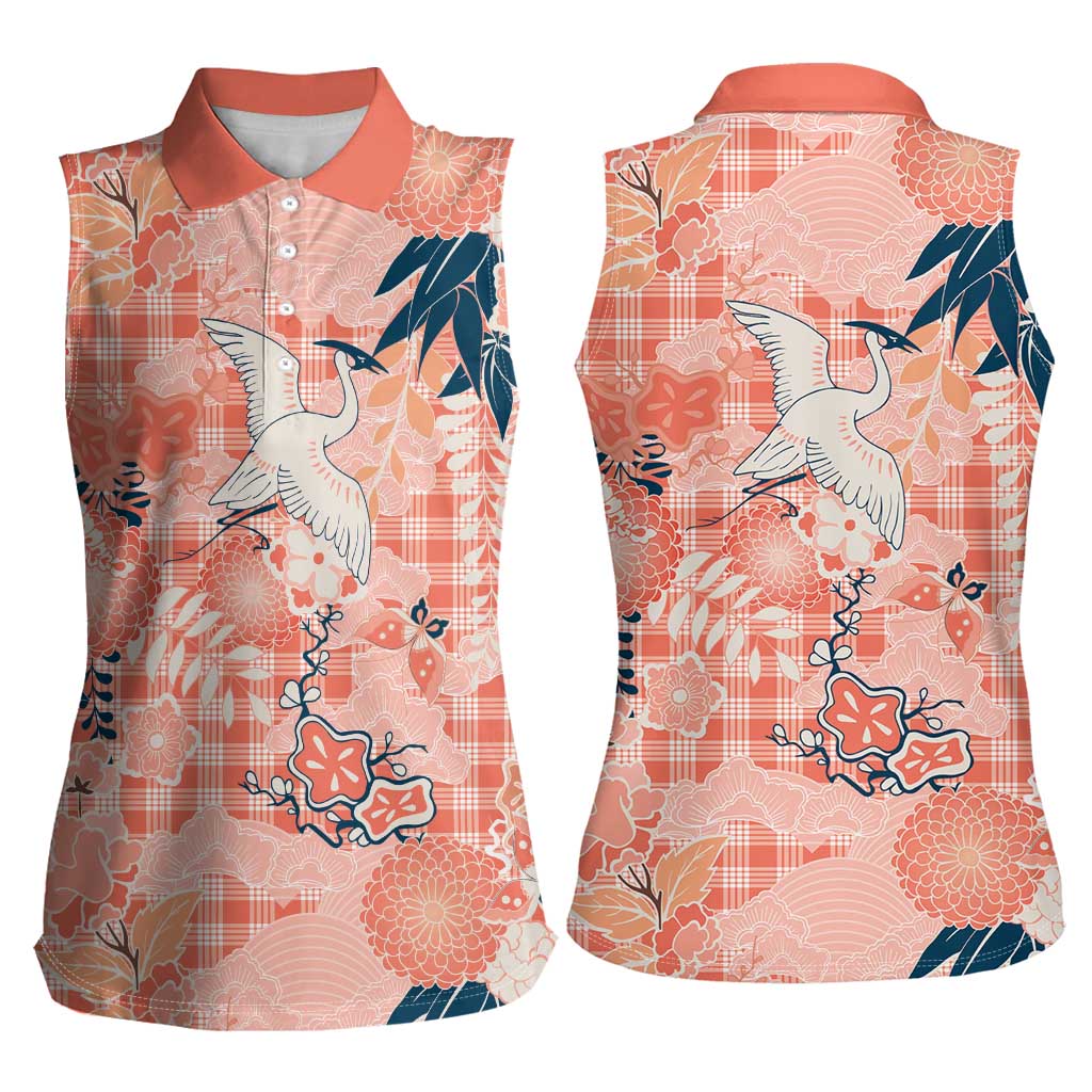 Red Palaka Crane and Flowers Women Sleeveless Polo Shirt Japan Heritage Spirit - Polynesian Pride
