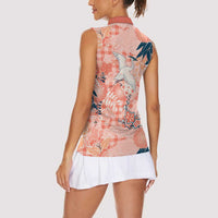 Red Palaka Crane and Flowers Women Sleeveless Polo Shirt Japan Heritage Spirit - Polynesian Pride