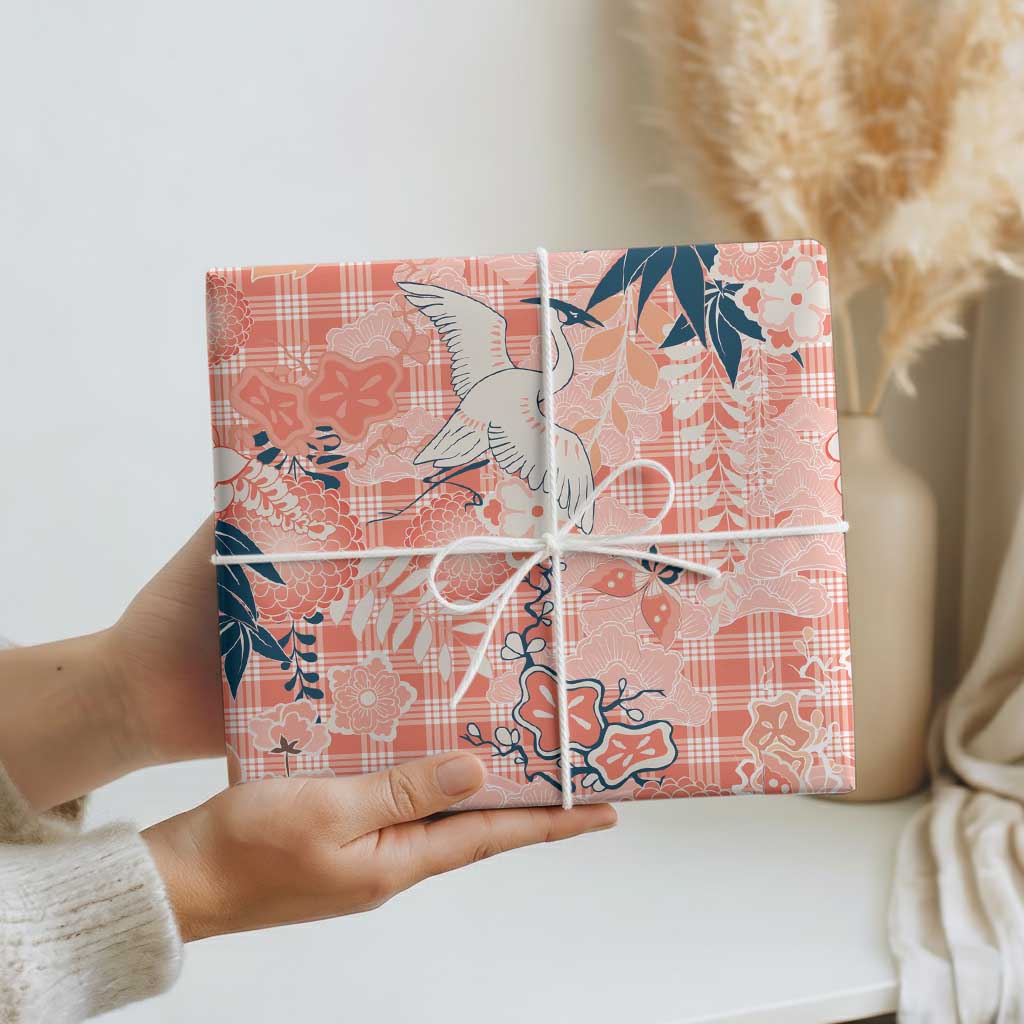 Red Palaka Crane and Flowers Wrapping Paper Japan Heritage Spirit - Polynesian Pride