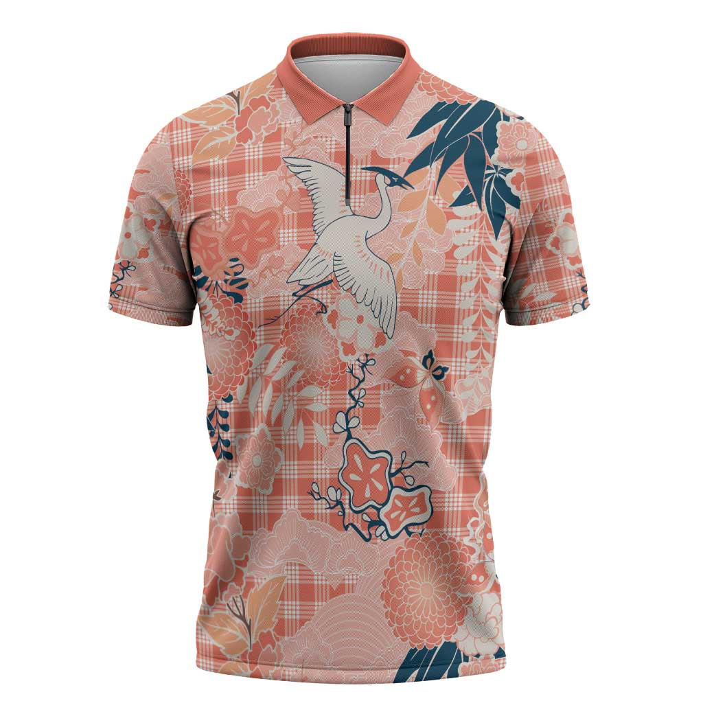 Red Palaka Crane and Flowers Zipper Polo Shirt Japan Heritage Spirit - Polynesian Pride