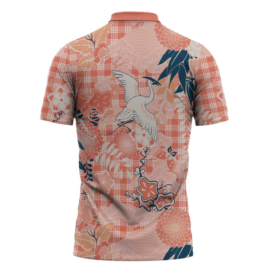 Red Palaka Crane and Flowers Zipper Polo Shirt Japan Heritage Spirit - Polynesian Pride