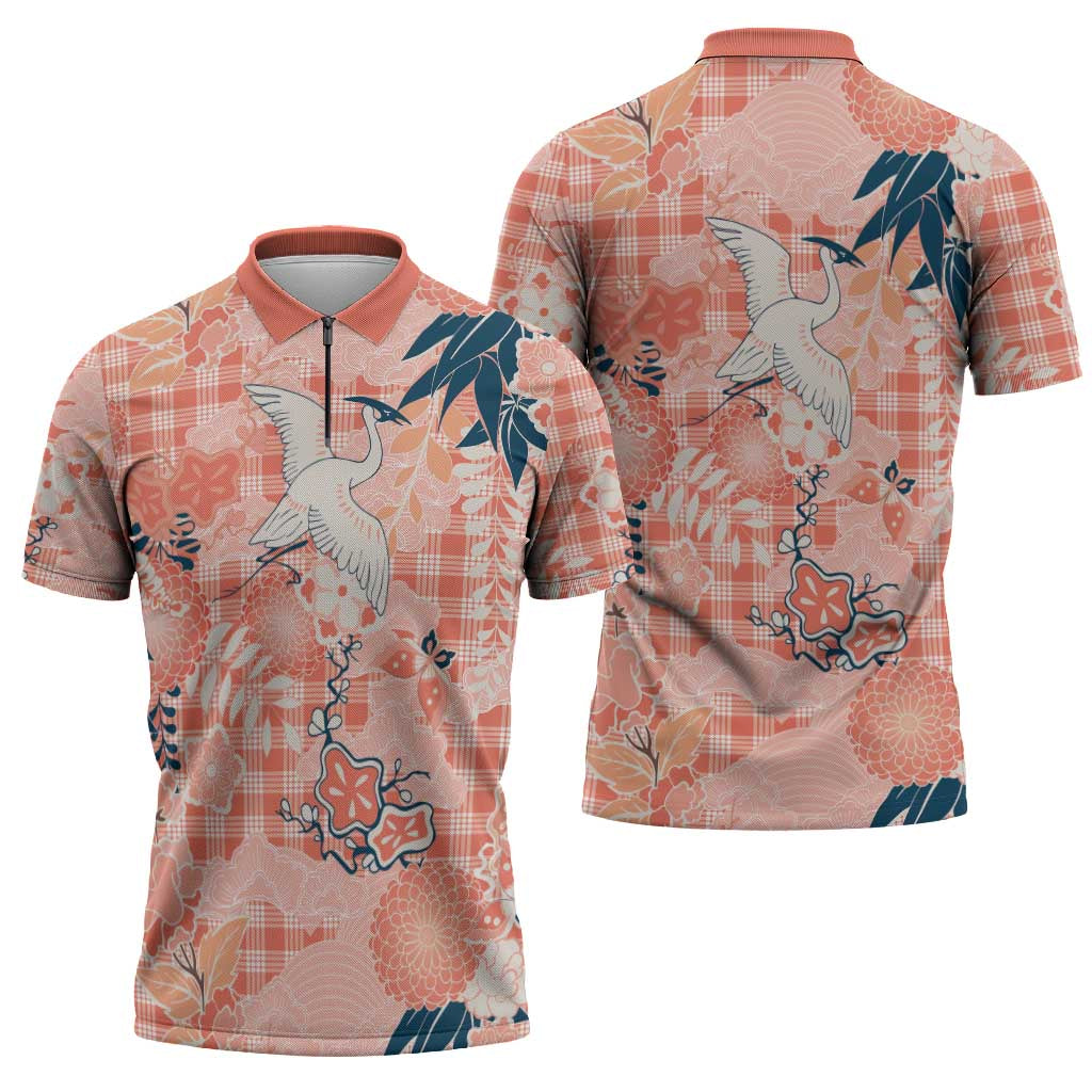 Red Palaka Crane and Flowers Zipper Polo Shirt Japan Heritage Spirit - Polynesian Pride