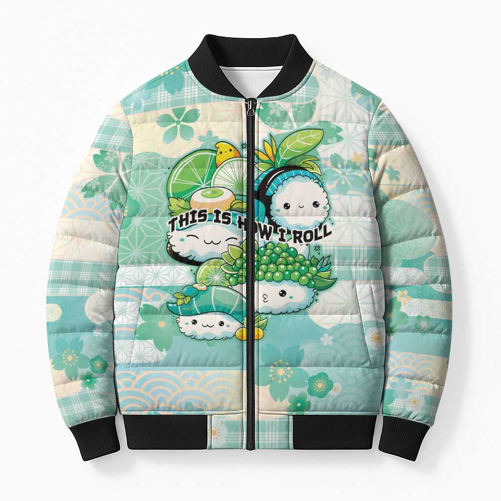 Personalized Japanese Kawaii Sushi Bomber Puffer Jacket Green Wagara Palaka This Is How I Roll