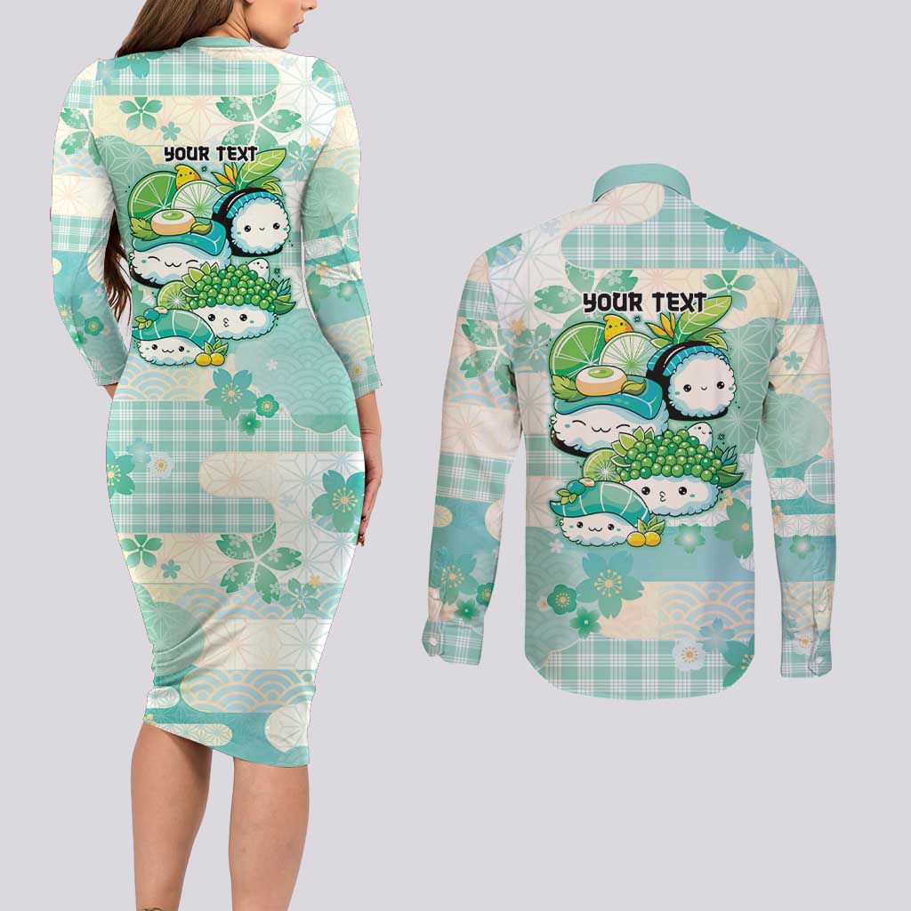 Personalized Japanese Kawaii Sushi Couples Matching Long Sleeve Bodycon Dress and Long Sleeve Button Shirt Green Wagara Palaka This Is How I Roll