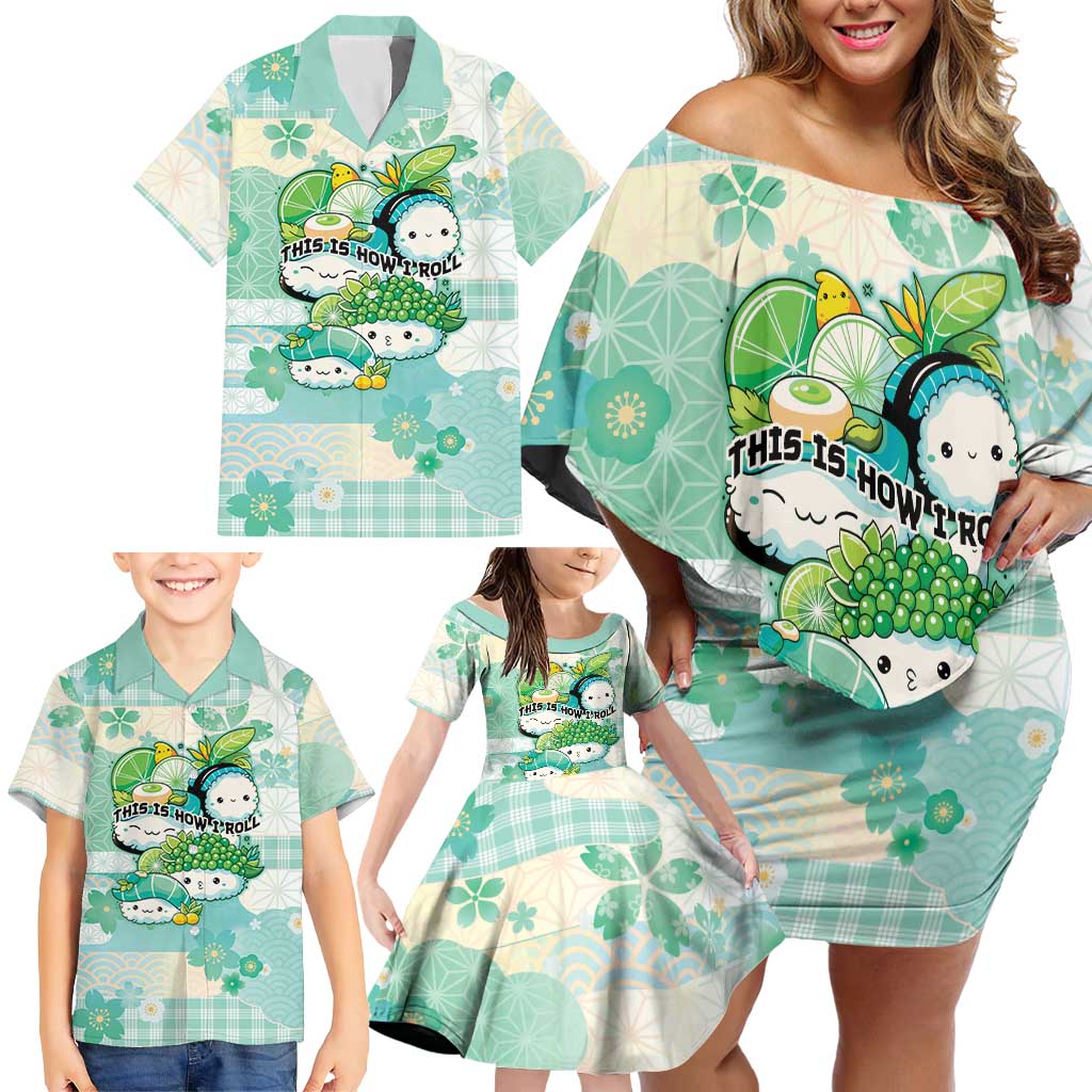 Personalized Japanese Kawaii Sushi Family Matching Off Shoulder Short Dress and Hawaiian Shirt Green Wagara Palaka This Is How I Roll LT9 - Polynesian Pride