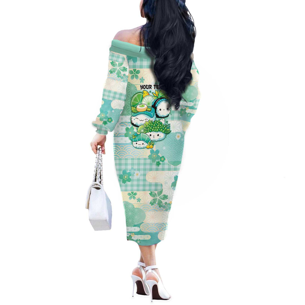 Personalized Japanese Kawaii Sushi Off The Shoulder Long Sleeve Dress Green Wagara Palaka This Is How I Roll