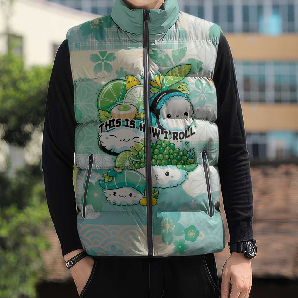 Personalized Japanese Kawaii Sushi Sleeveless Puffer Jacket Green Wagara Palaka This Is How I Roll