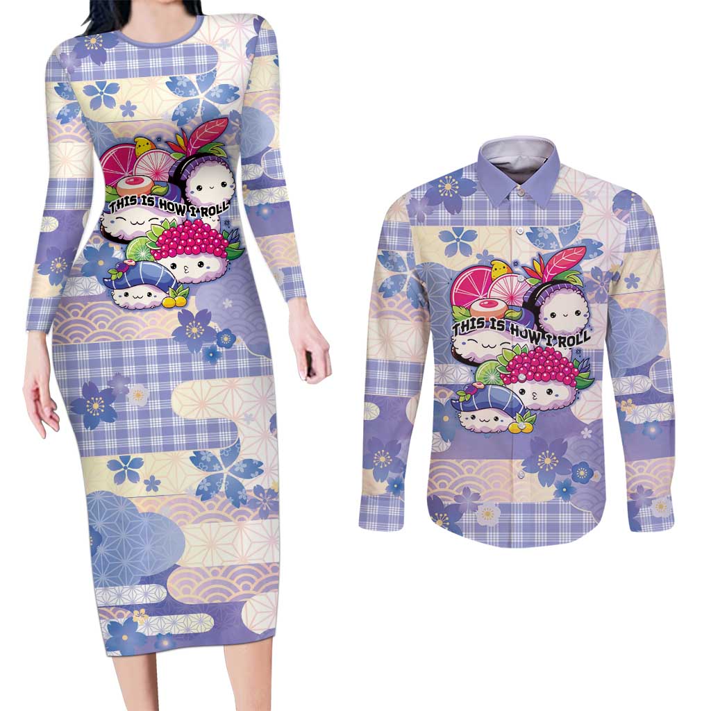 Personalized Japanese Kawaii Sushi Couples Matching Long Sleeve Bodycon Dress and Long Sleeve Button Shirt Blue Wagara Palaka This Is How I Roll
