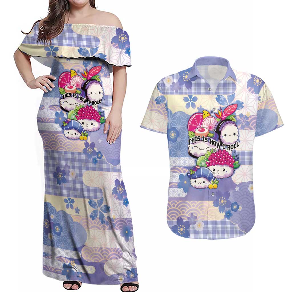 Personalized Japanese Kawaii Sushi Couples Matching Off Shoulder Maxi Dress and Hawaiian Shirt Blue Wagara Palaka This Is How I Roll