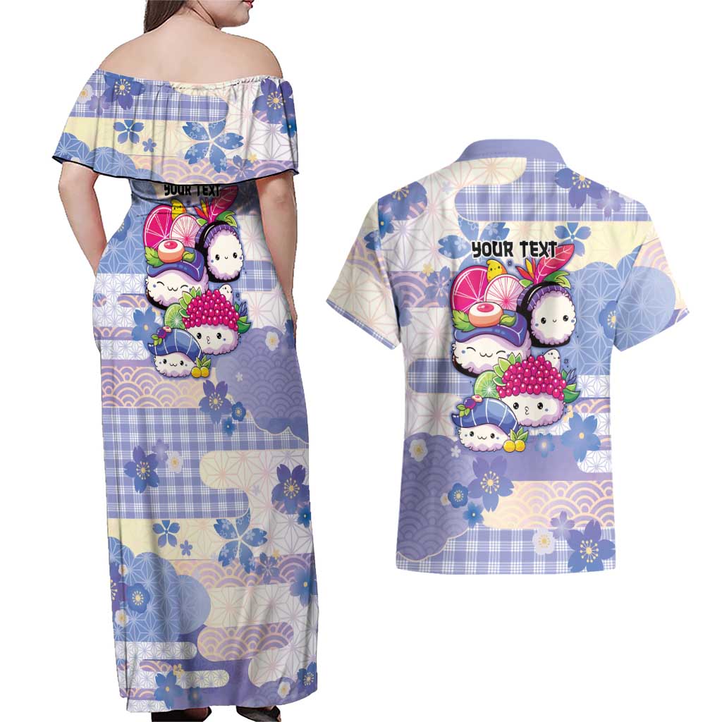 Personalized Japanese Kawaii Sushi Couples Matching Off Shoulder Maxi Dress and Hawaiian Shirt Blue Wagara Palaka This Is How I Roll