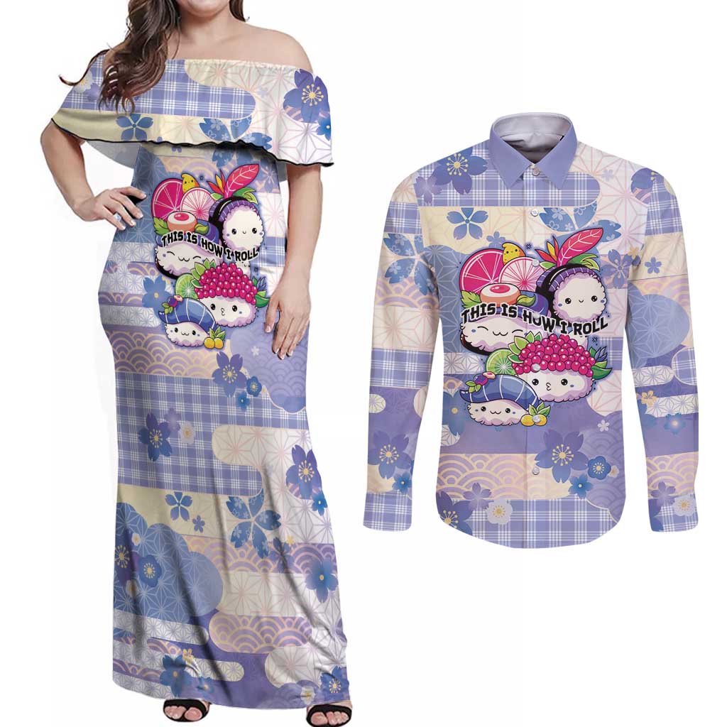 Personalized Japanese Kawaii Sushi Couples Matching Off Shoulder Maxi Dress and Long Sleeve Button Shirt Blue Wagara Palaka This Is How I Roll